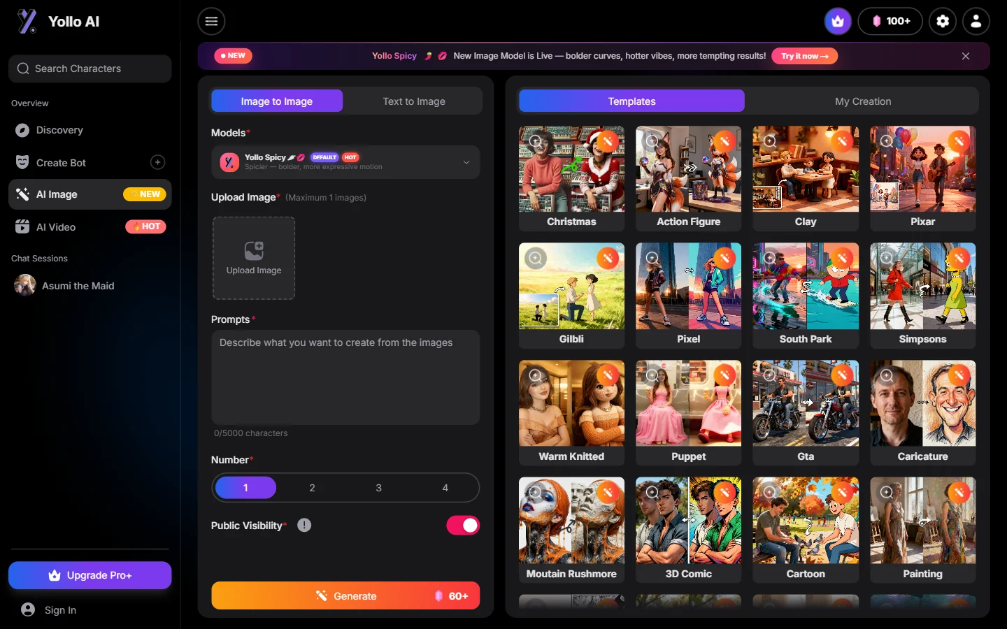 Yollo AI image generator interface in English