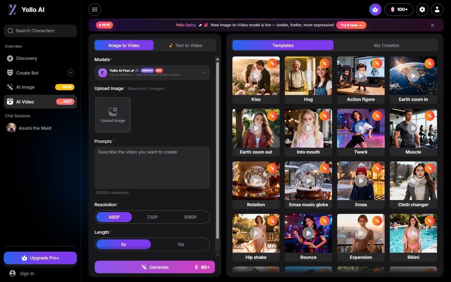 Yollo AI video generator interface in English